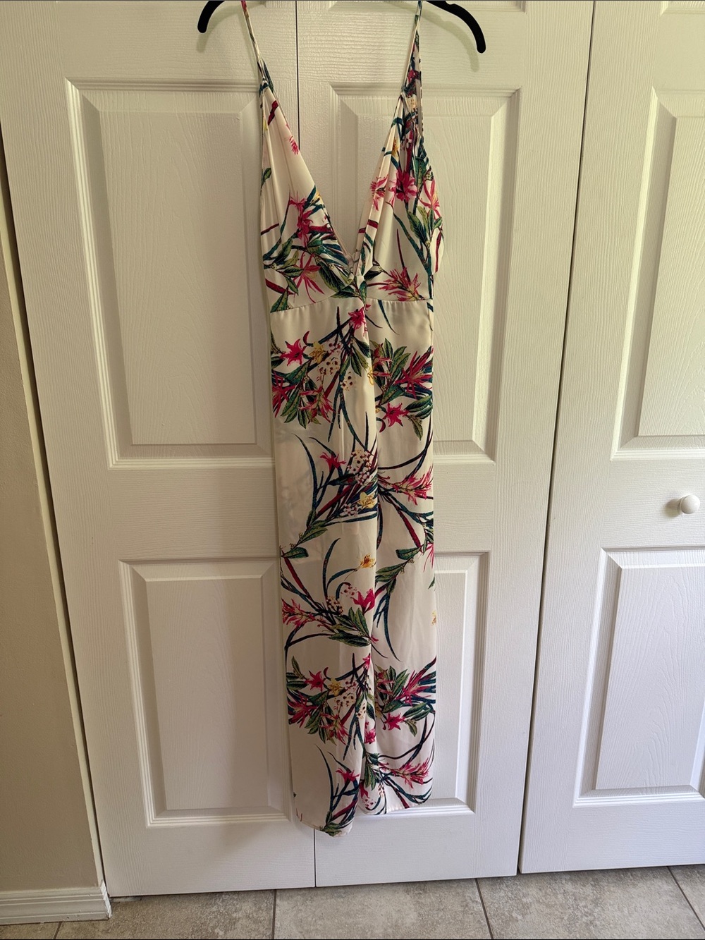 Lush Cream Maxi Dress with Pink & Green Tropical Print